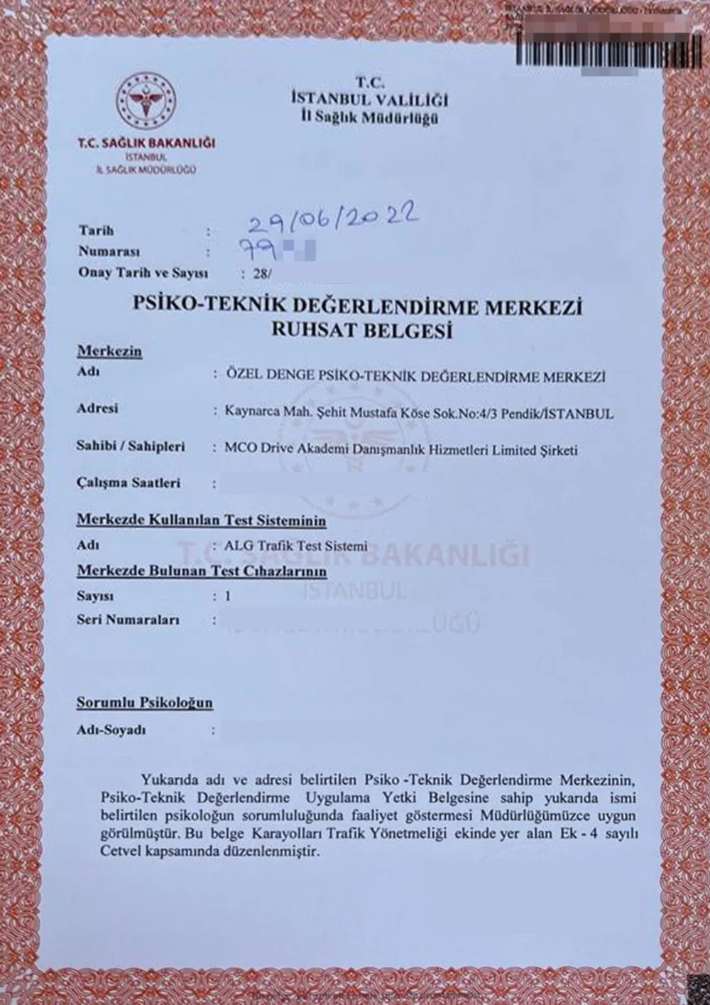 İlk ruhsat belgesi